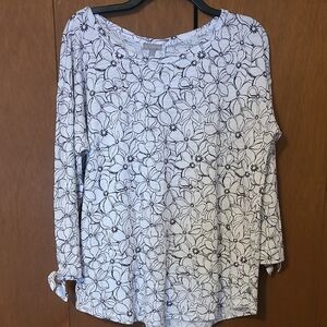 T by Talbots Womens White Top With Black Floral Design Tie Sleeves SZ L